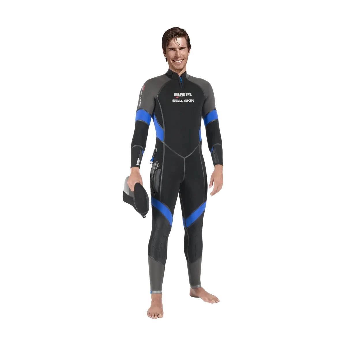 Mares Seal Skin 6mm men's cold water wetsuit in black, grey and blue, front view with hood in hand