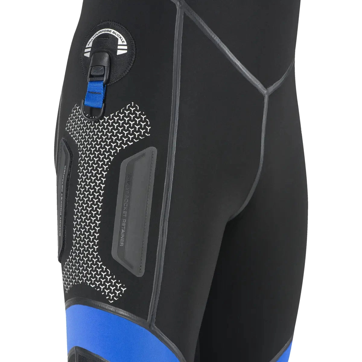 Mares Seal Skin 6mm men's cold water wetsuit in black, grey and blue, front view with hood in hand