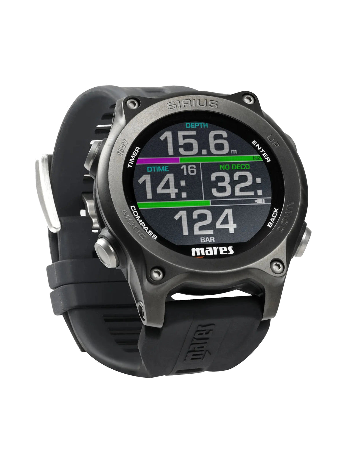 Mares Sirius dive computer in black with a colour dive screen