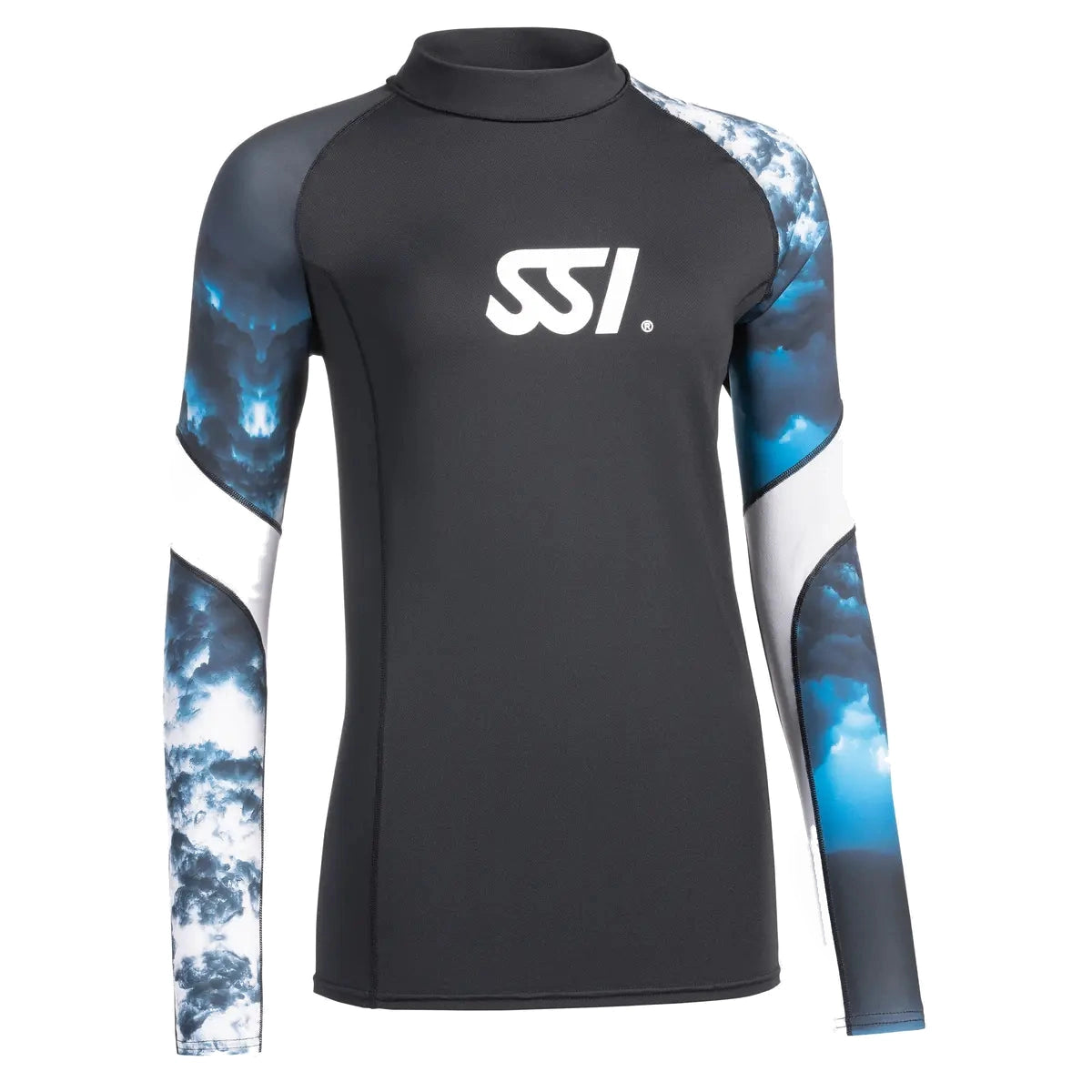 Mares SSI loose fit long sleeve women's rash guard, front with SSI logo and ocean print sleeves