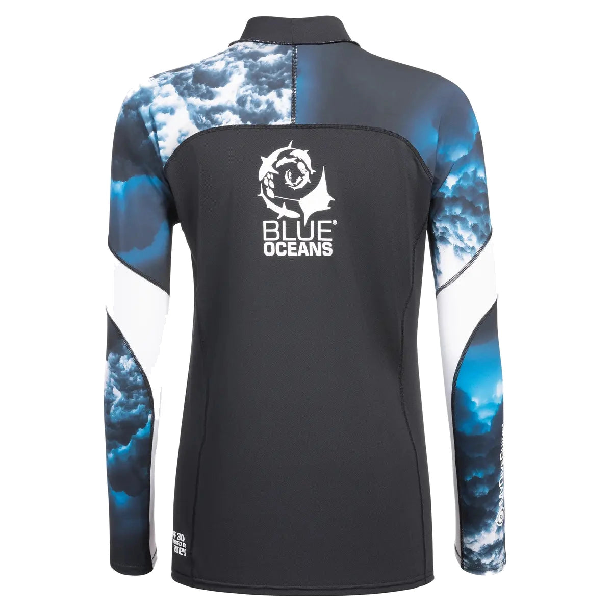 Mares SSI loose fit long sleeve women's rash guard, front with SSI logo and ocean print sleeves