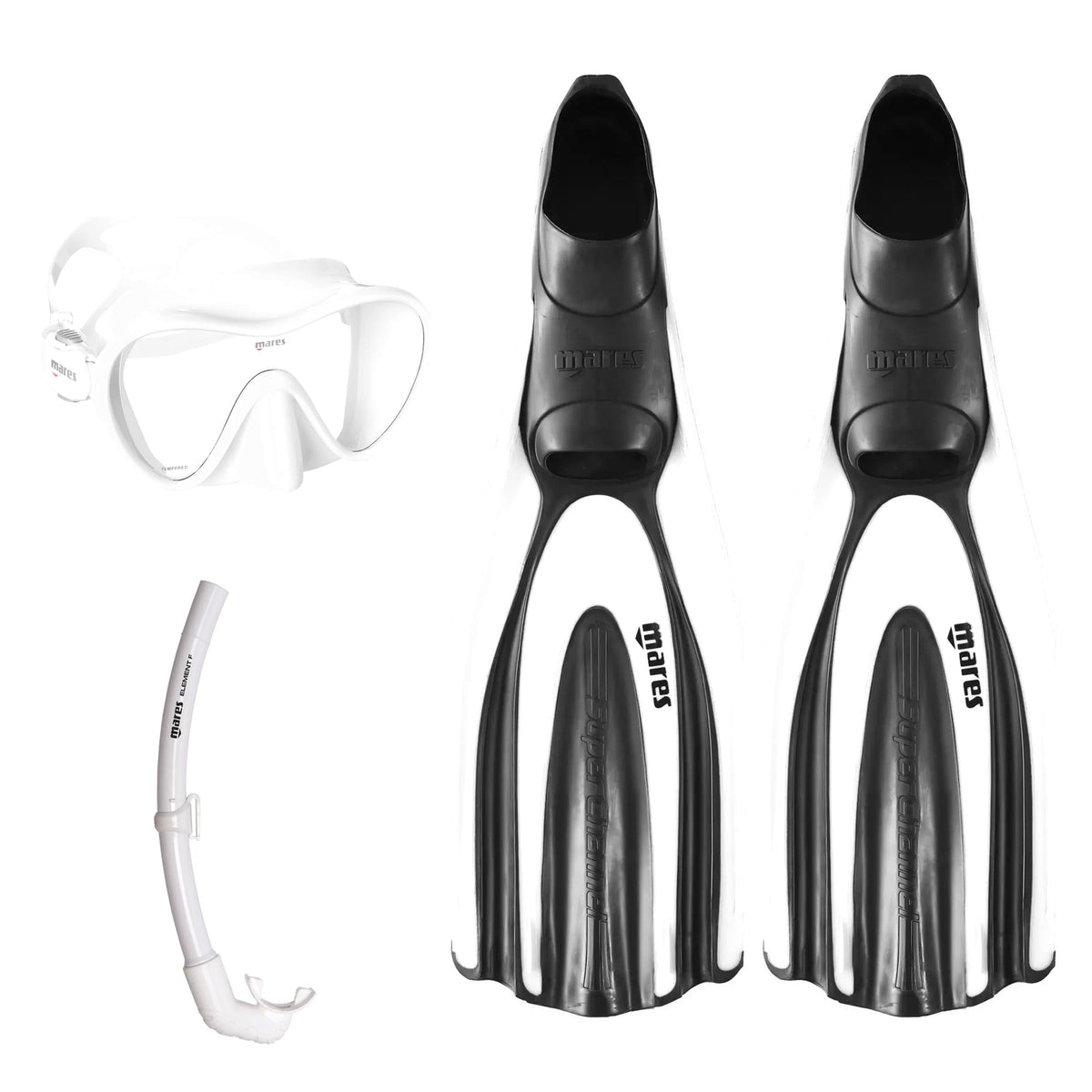 Mares Tropical mask in blue, Element Floating snorkel in blue and Avanti Superchannel full foot fins in blue