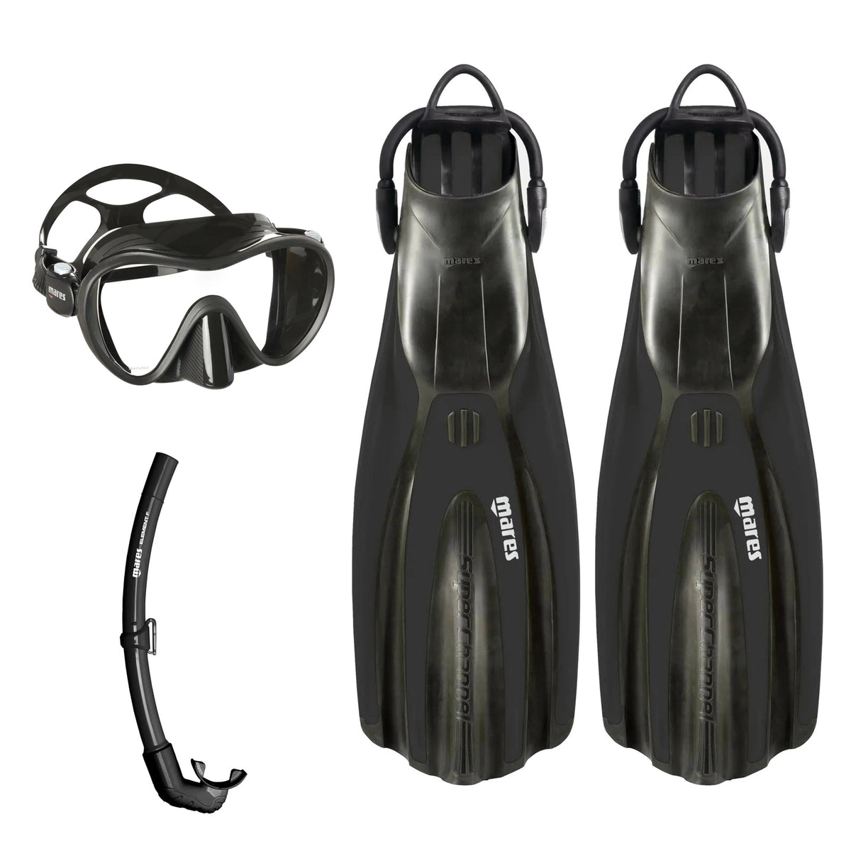 Mares Tropical mask in black, Element Floating snorkel in black and Avanti Superchannel open heel fins in black