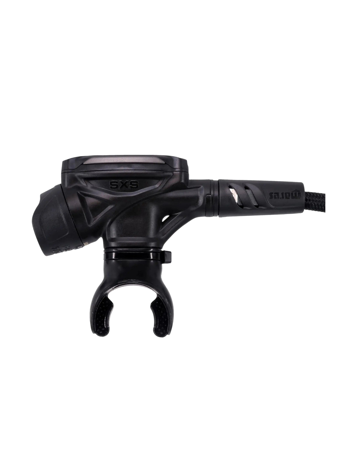 Mares SXS second stage in black with its braided hose, side view