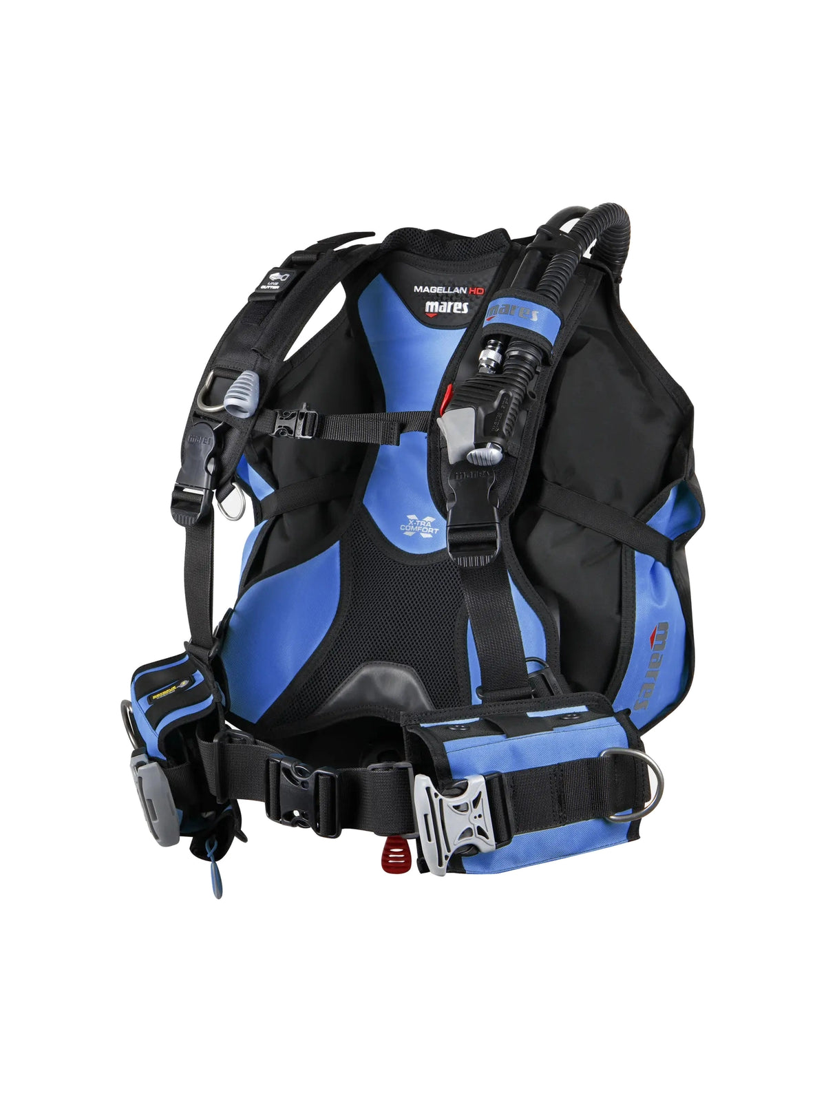 Mares Magellan HD back-inflation BCD in all black, front three-quarter view