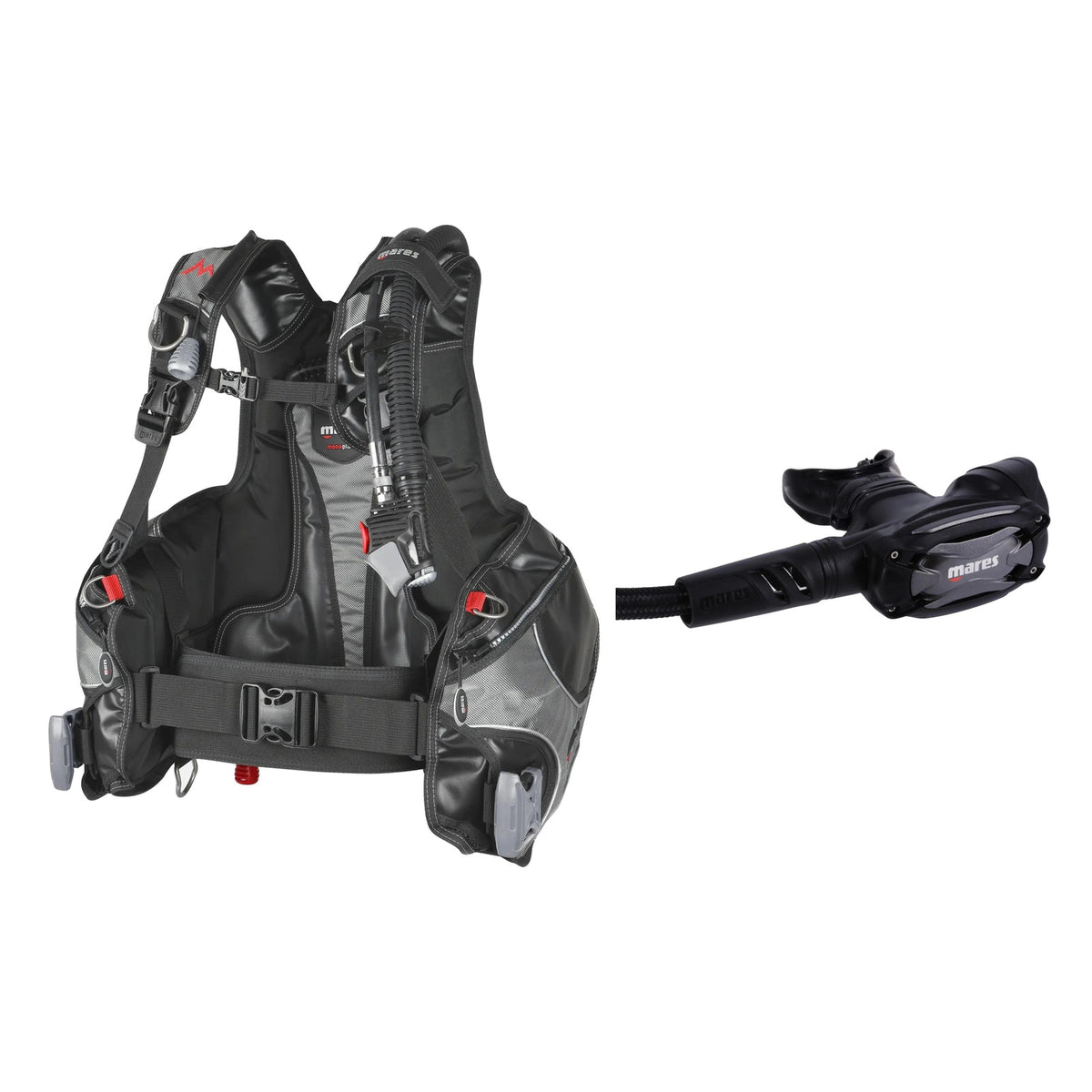 Mares Rock Pro BCD in black and grey and SXS 62X regulator in black