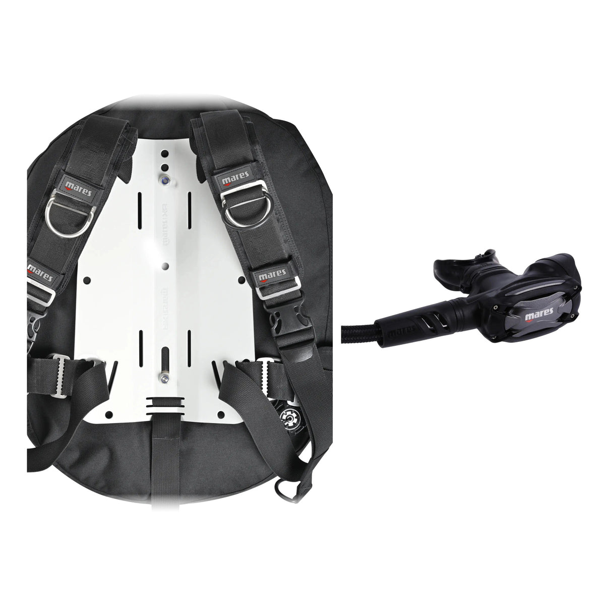 Mares Rover Tech BCD in black with a silver backplate and SXS 62X regulator in black