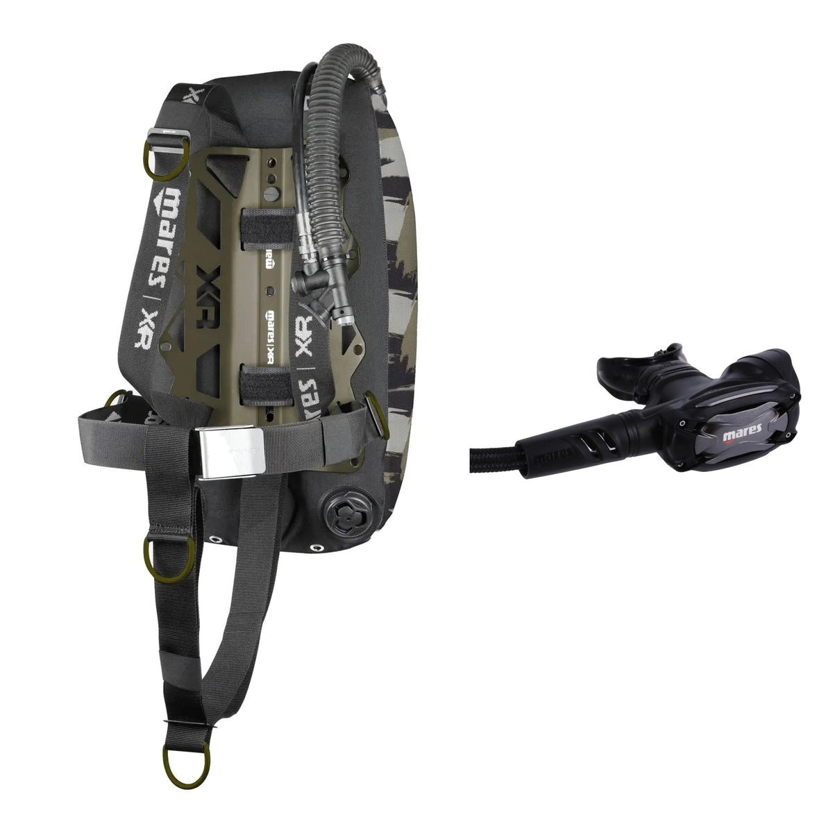 Mares Tactical Green single backmount set in camouflage green and SXS 62X regulator in black