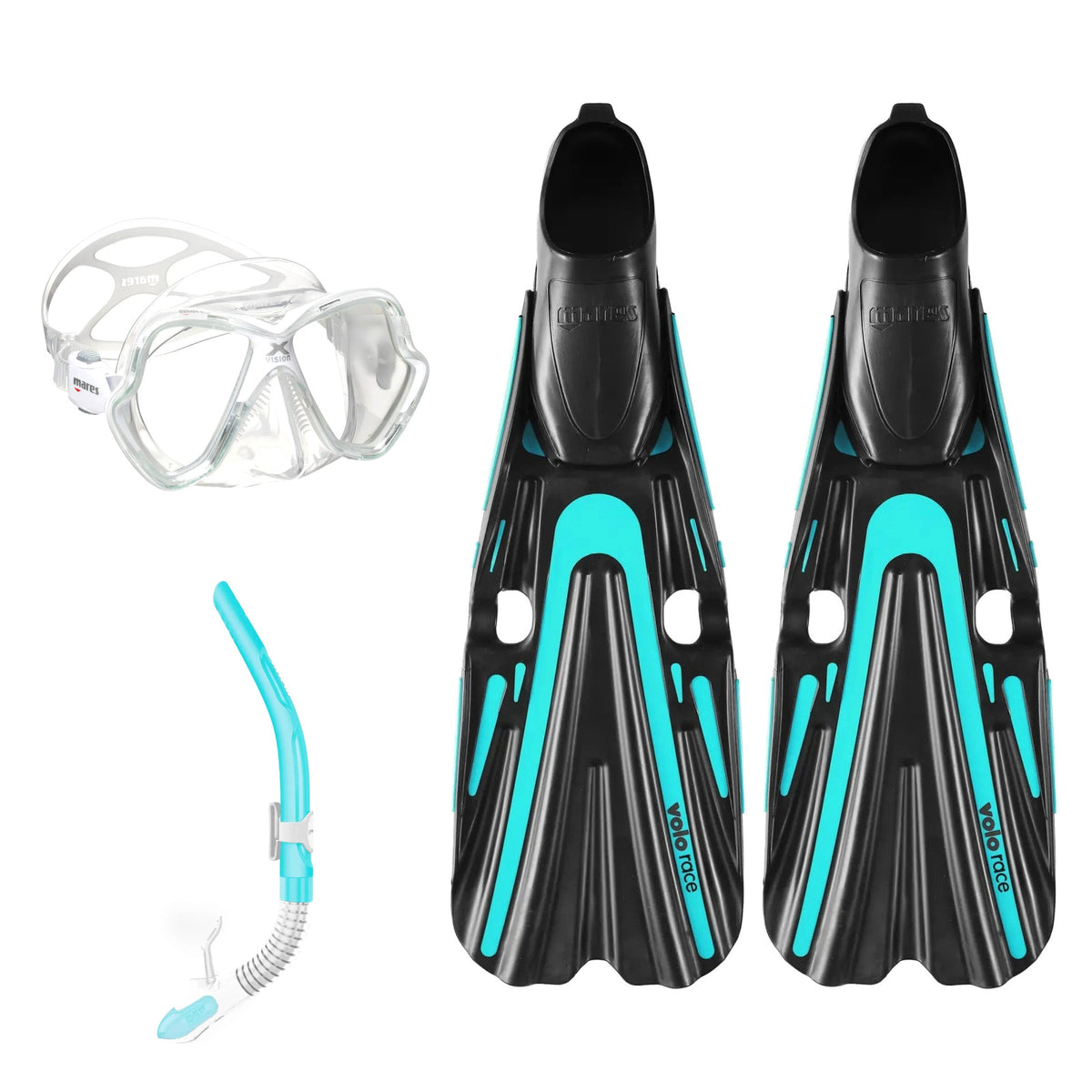 Mares X-Vision mask in blue and clear, Ergo Flex snorkel in blue and Volo Race fins in blue