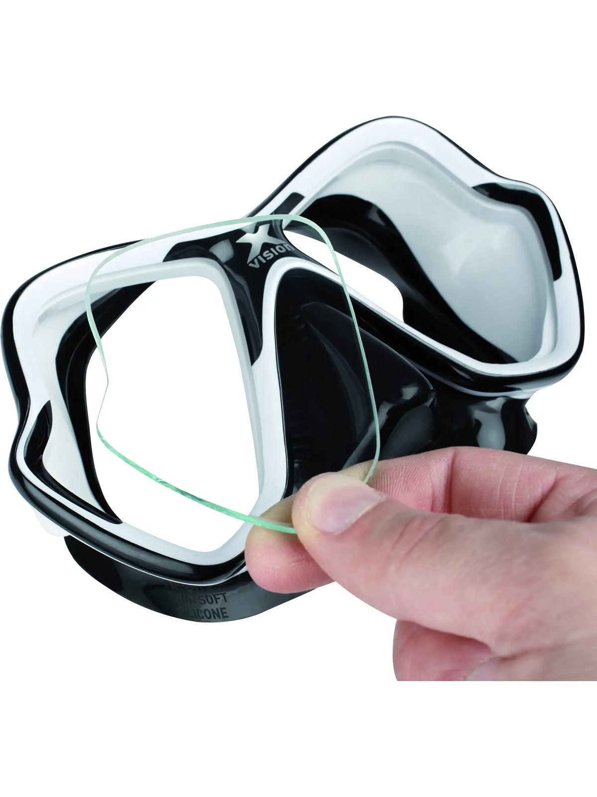 Illustration of a Mares corrective lens being fitted into an X-Vision mask frame
