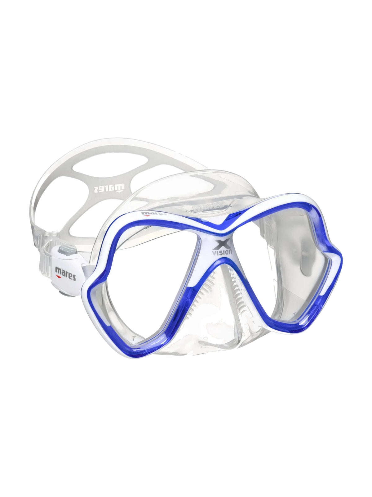 Mares X-Vision dive mask in blue and clear, three-quarter front view
