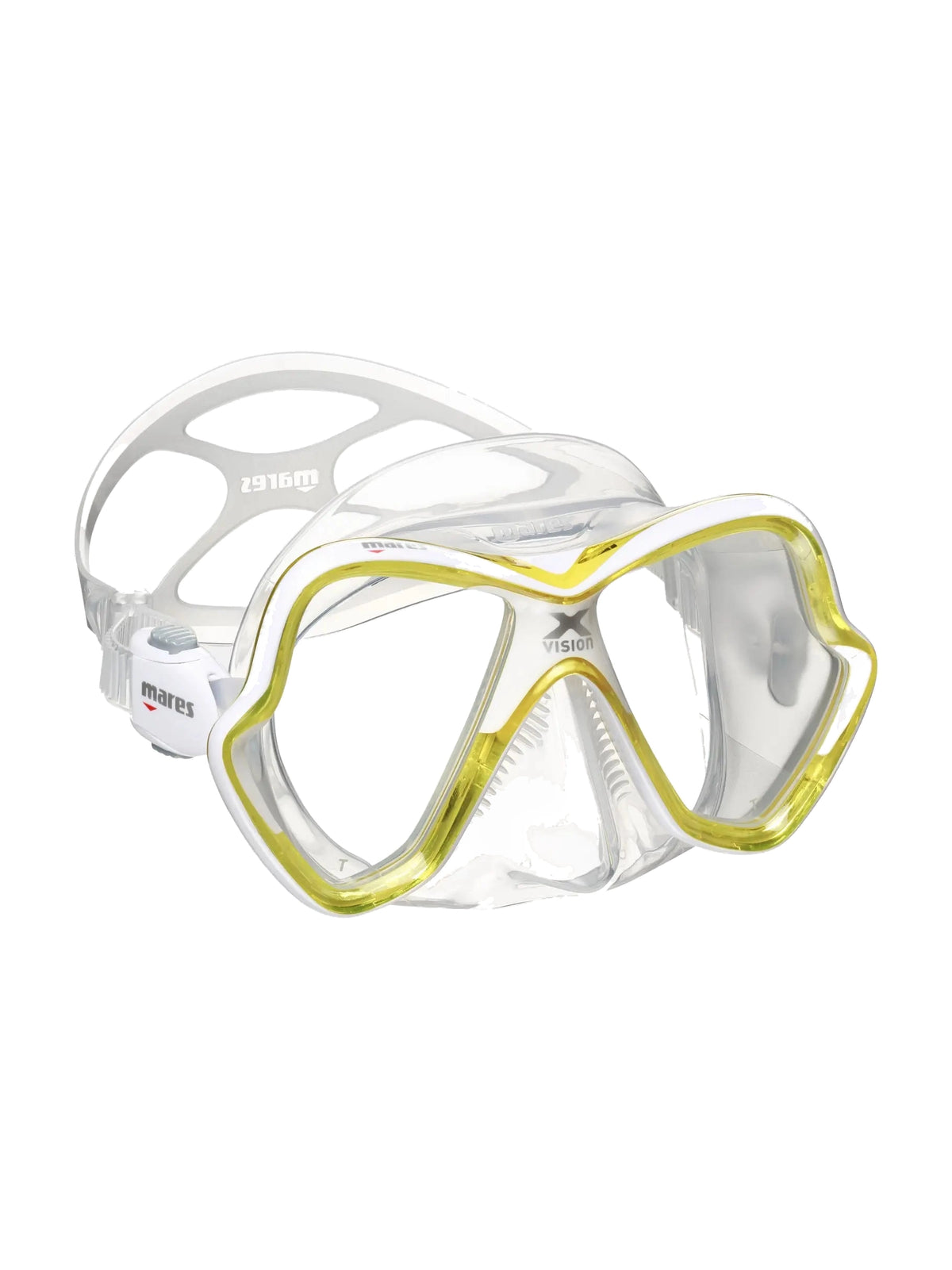 Mares X-Vision dive mask in clear and yellow, three-quarter front view