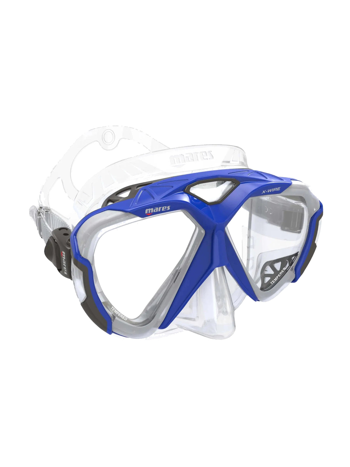 Mares X-Wire dive mask in blue and grey, three-quarter front view