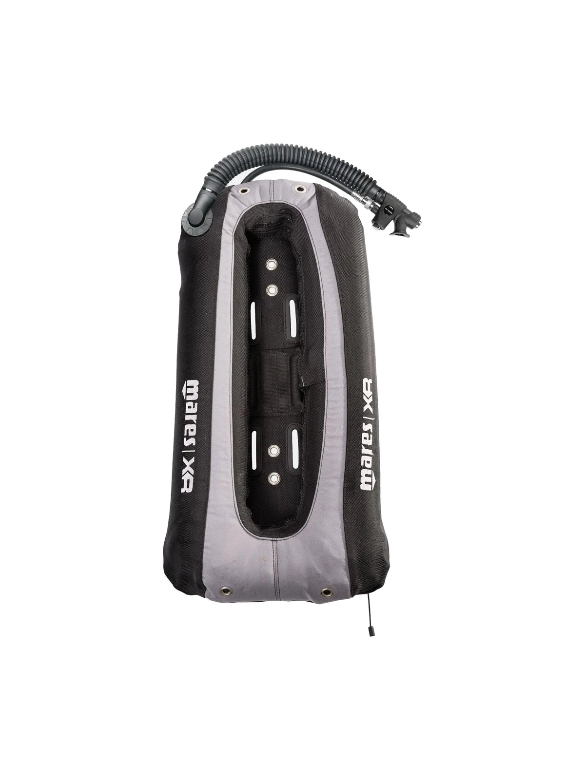 Mares XR single tank donut bladder in black and grey, upright, with corrugated hose