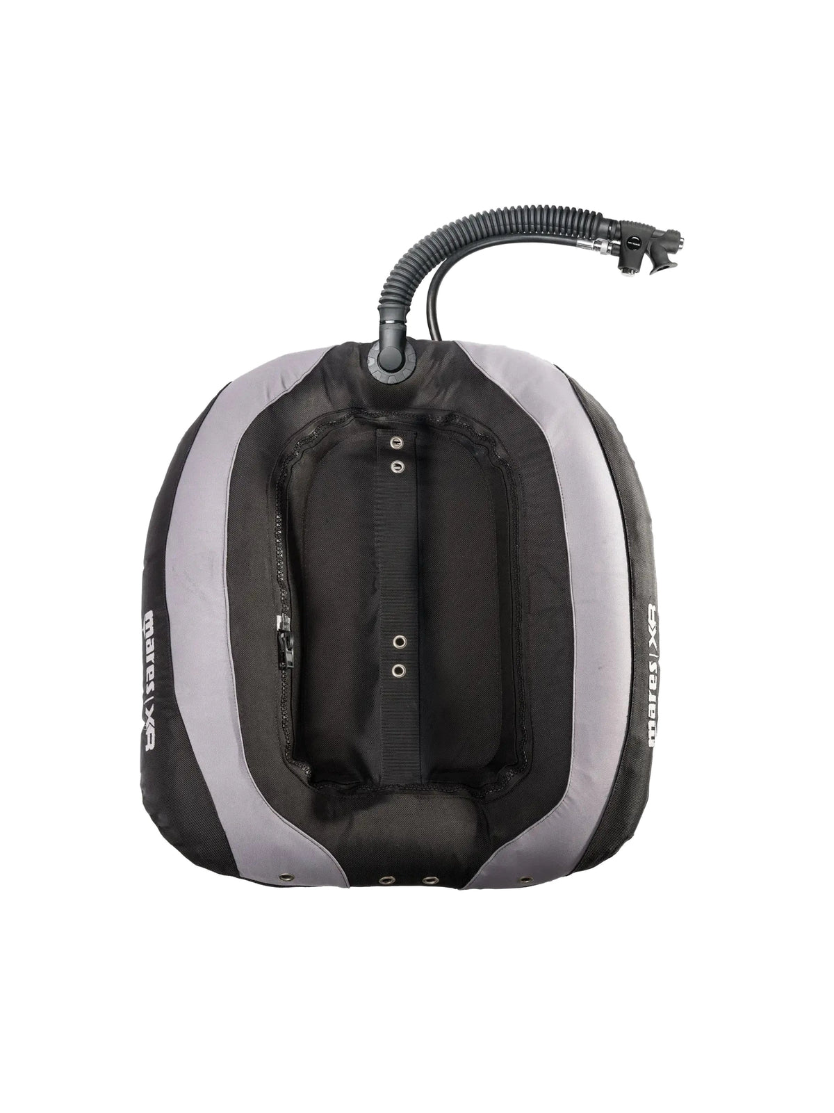 Mares XR twin tank donut bladder in black and grey with corrugated hose and inflator