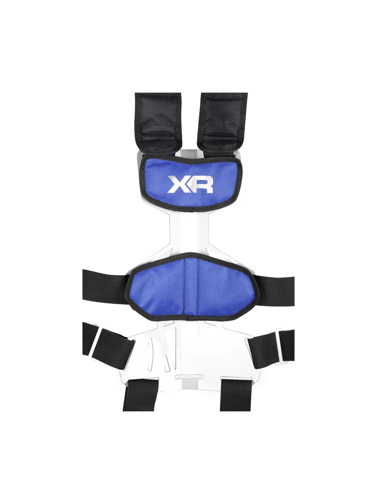 Blue shoulder and lower back padding of the Mares XR-Rec Trim on the backplate