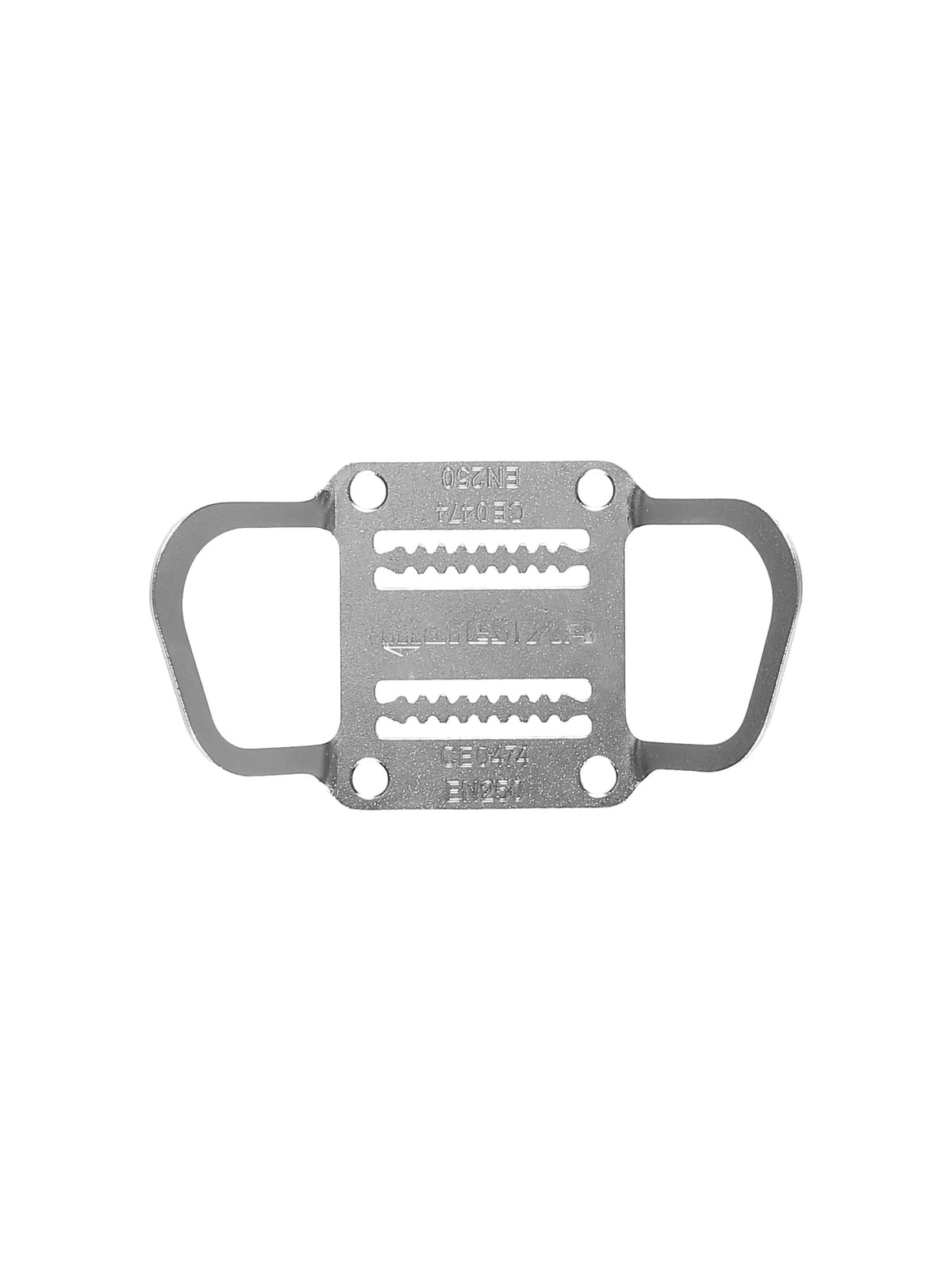 Mares XR sidemount tail plate in laser-cut stainless steel with engraved webbing slots