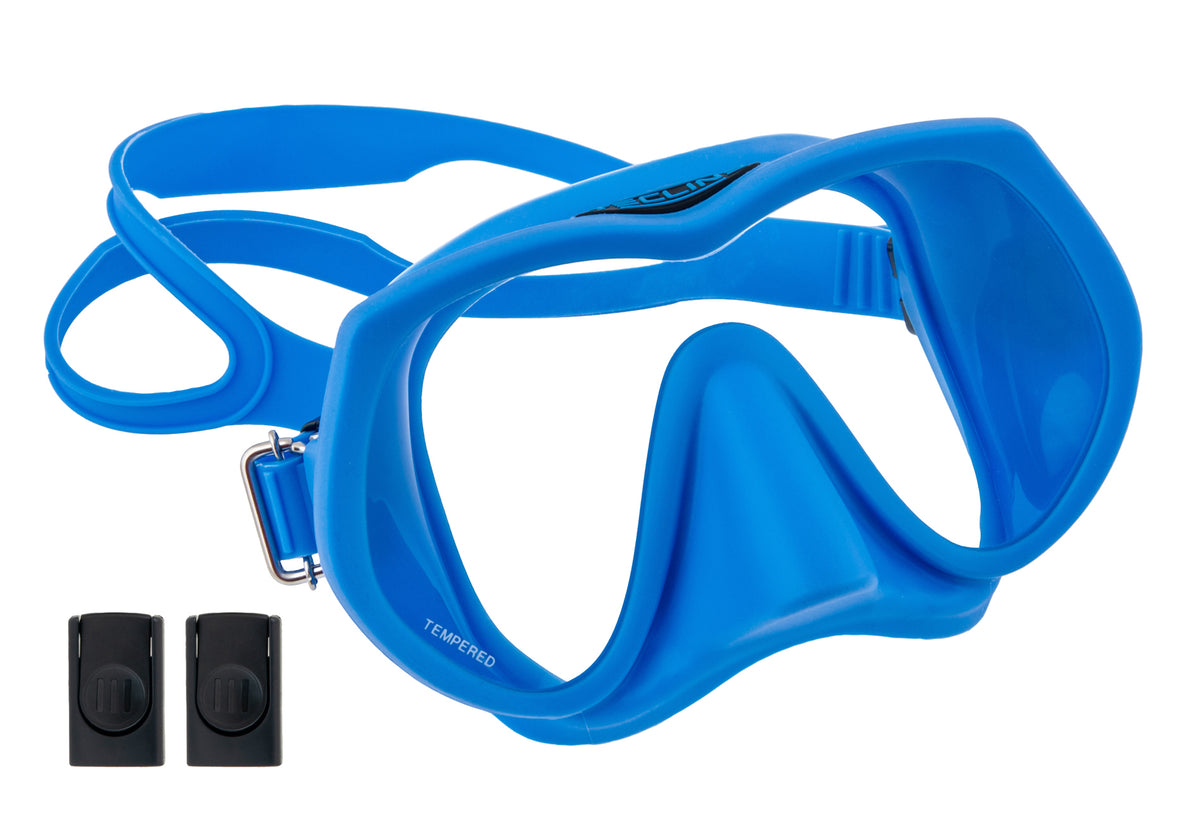 Tecline Frameless Super View mask in black with the silicone strap and stainless buckles