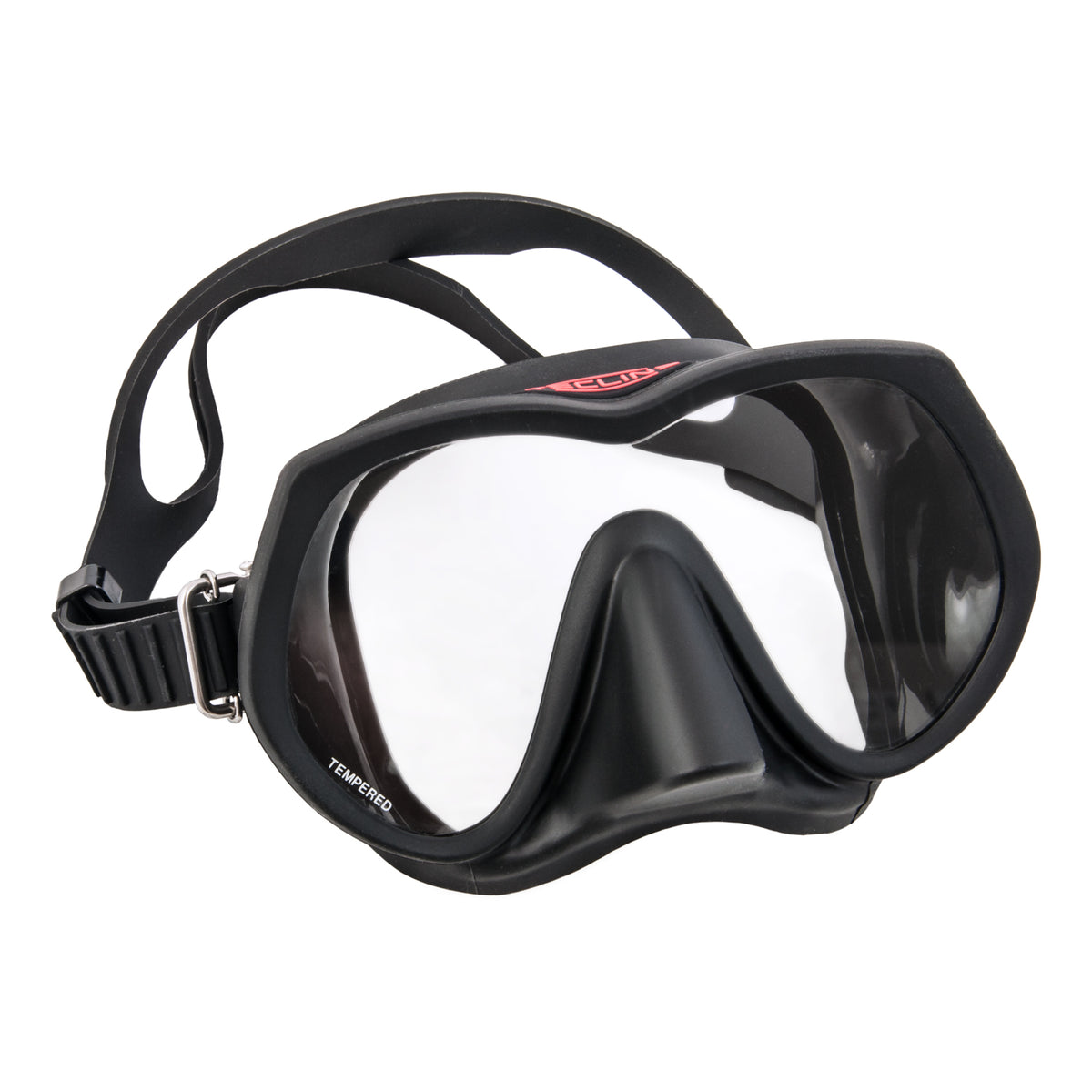 Tecline Frameless Super View mask in black with the silicone strap and stainless buckles