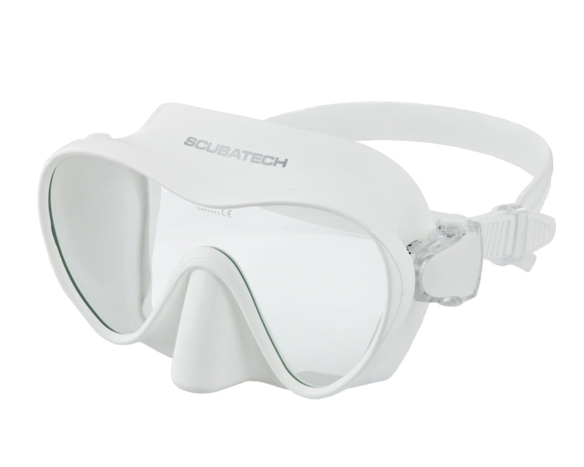 Tecline Frameless II single-window mask in black with split silicone strap
