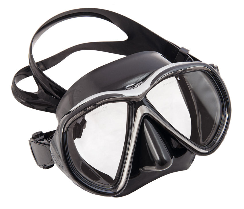 Scubatech Tiara II Asia Fit mask with black silicone skirt and black and silver frame