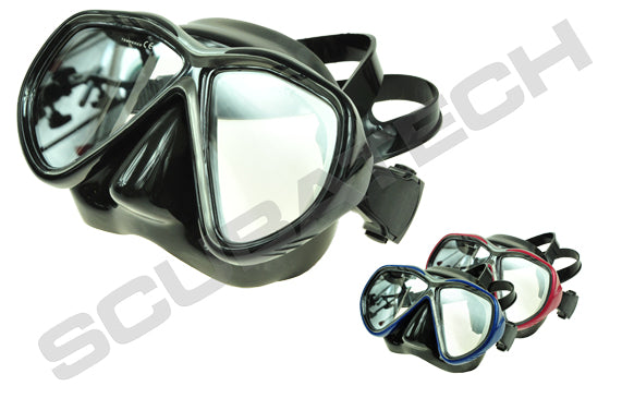 Scubatech Tiara II mask with brightening yellow glass in the black and silver frame, front view