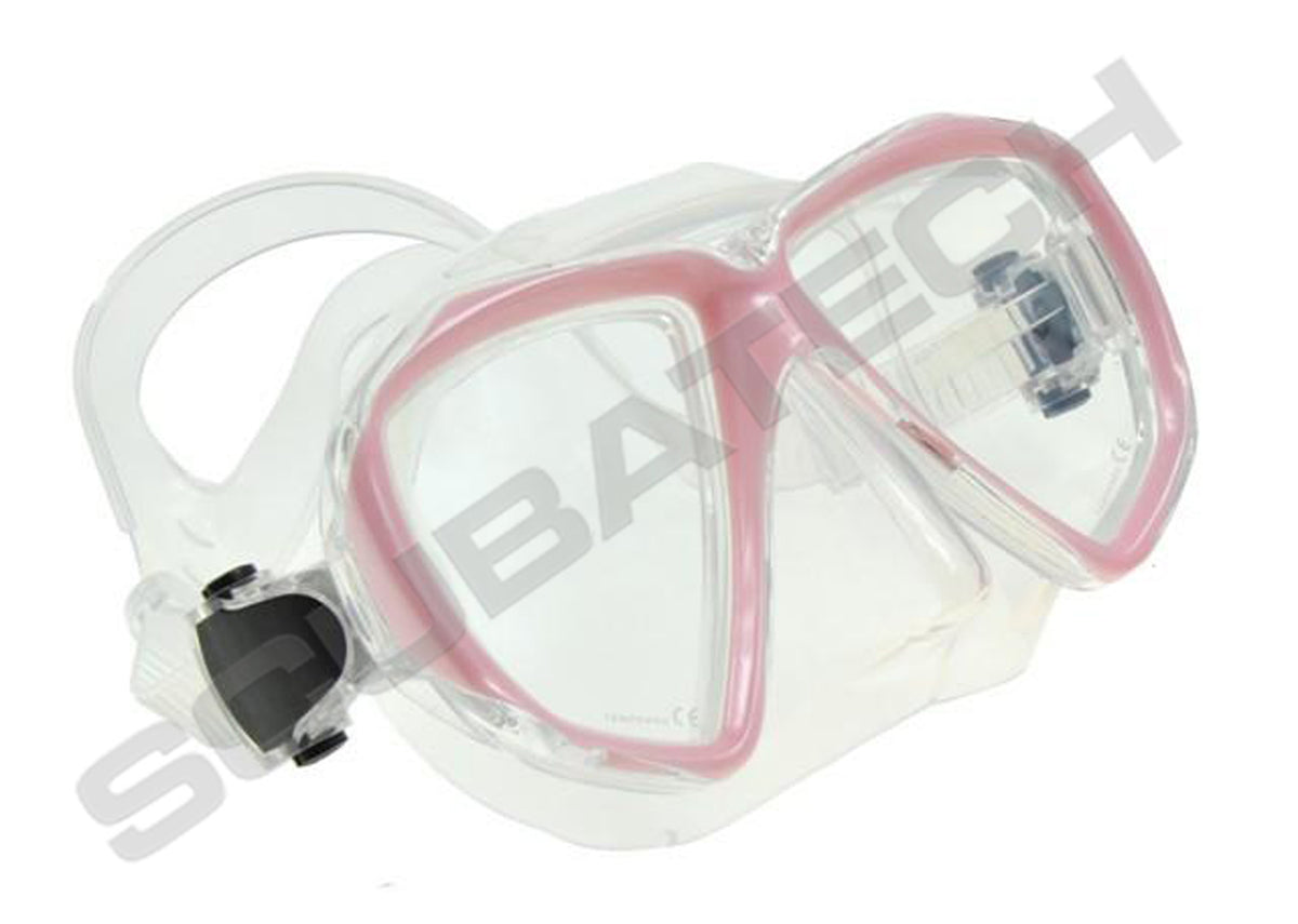 Scubatech Viper mask with black silicone skirt and red frame, with the other frame colours shown small