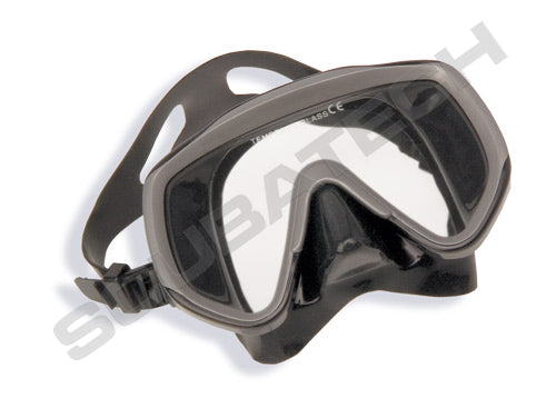 Scubatech Vision II mask, front view, black skirt and grey frame with yellow edge