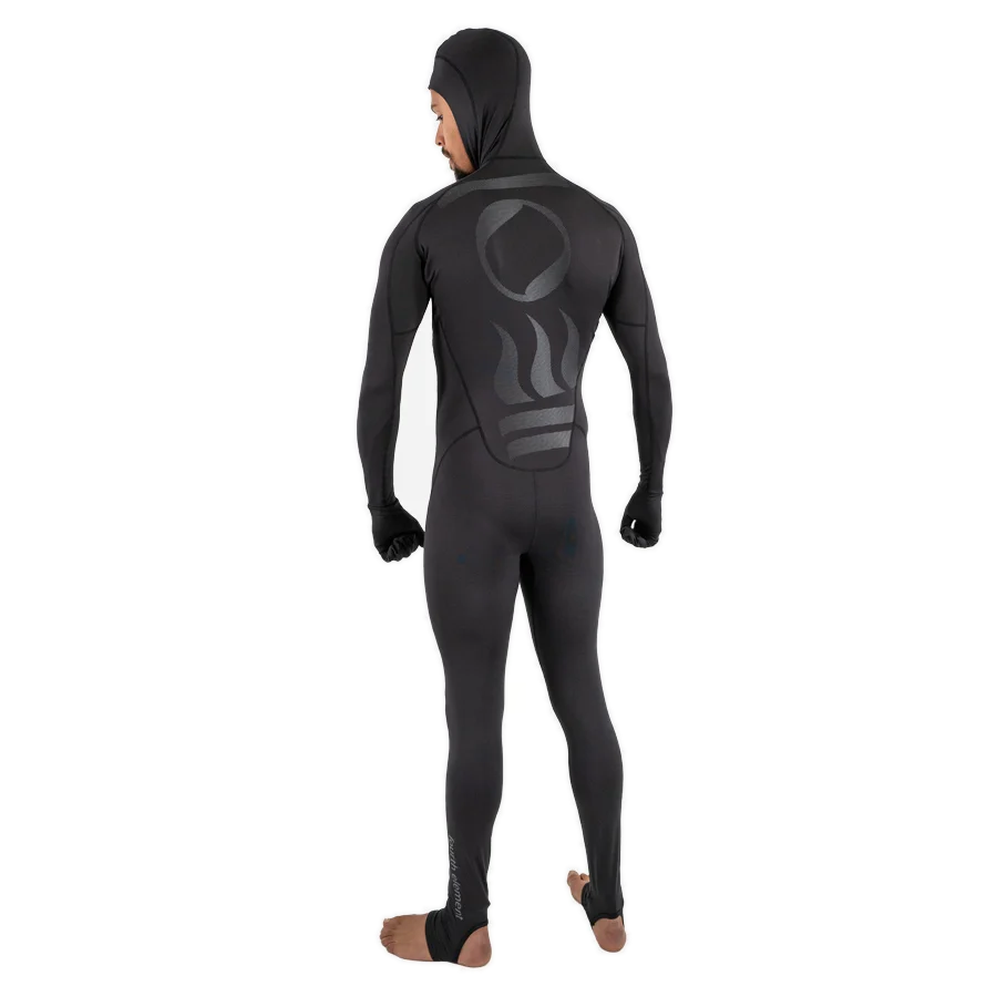 Men's Fourth Element stinger suit in black worn front on with the hood up and integral hand covers