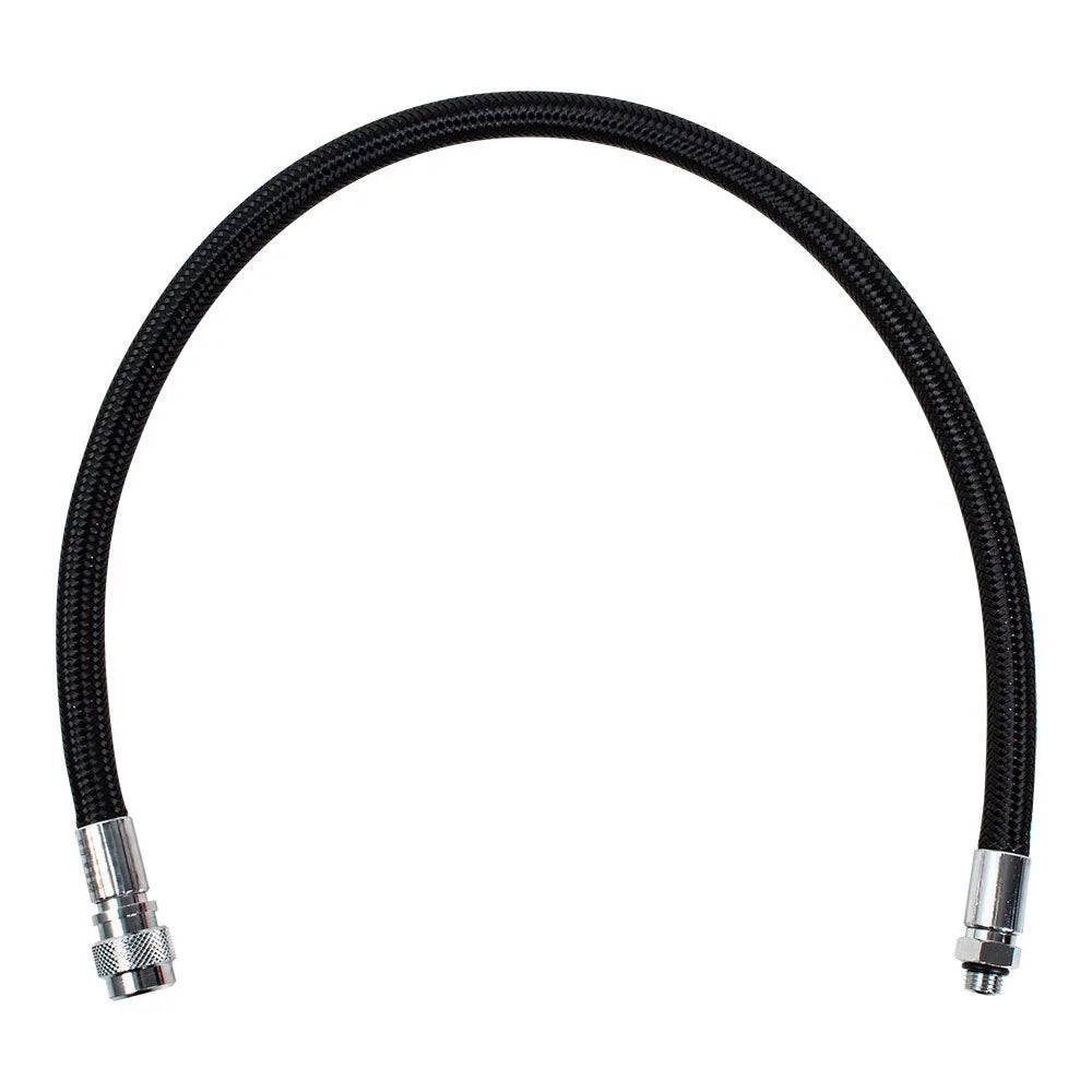 Full length of a black Miflex XTR inflator hose with first stage fitting and quick-disconnect coupling