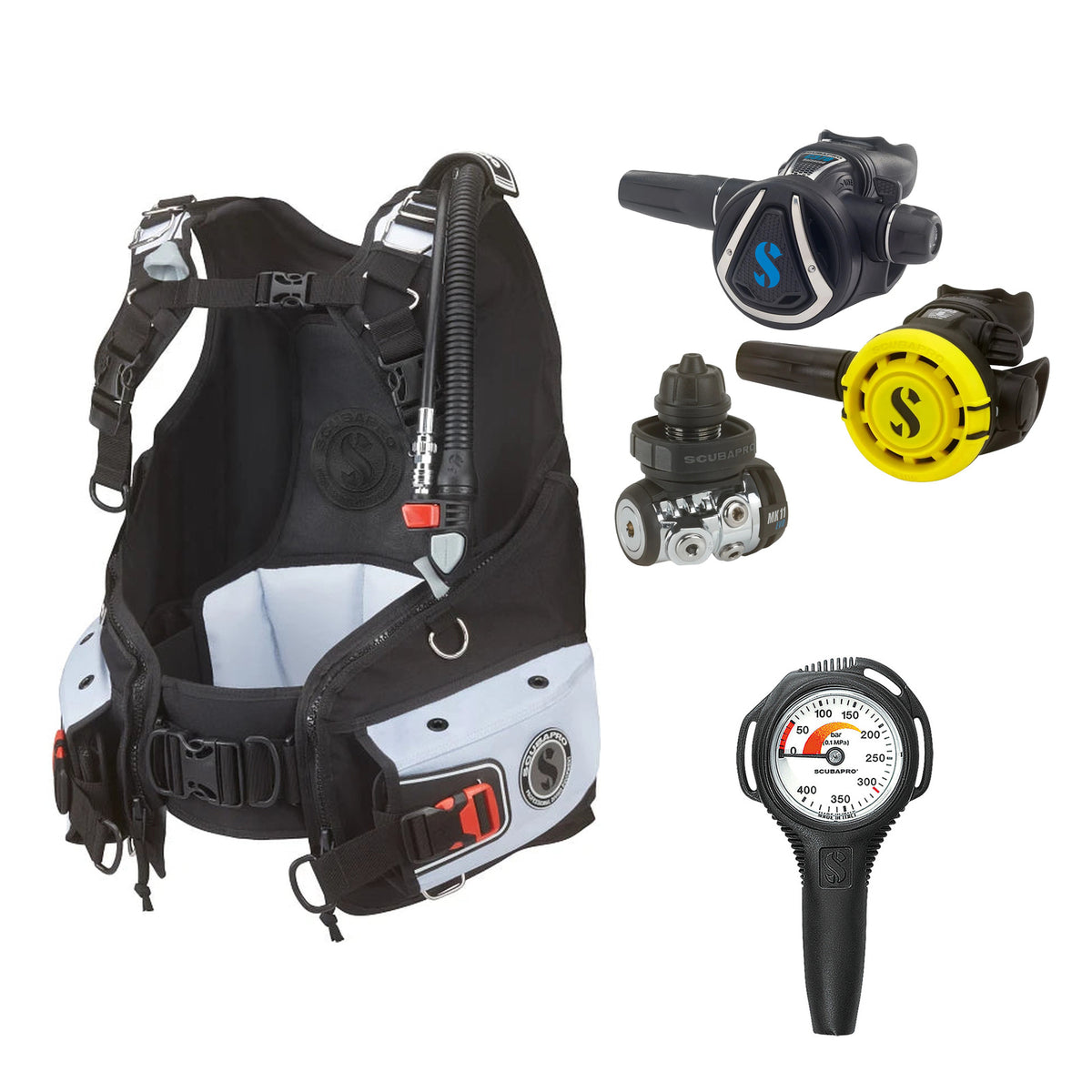 SCUBAPRO MK11 EVO / C370 regulator set with R105 octopus and Bella BCD, with Compact SPG