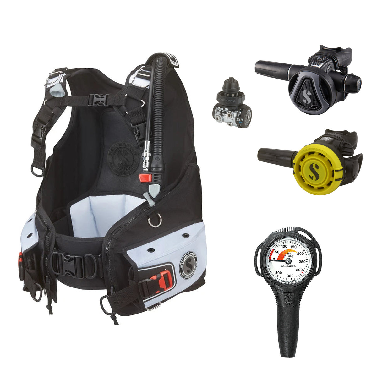 SCUBAPRO MK11 EVO / C370 Colour Graphite regulator set with R105 octopus and Bella BCD, with Compact SPG