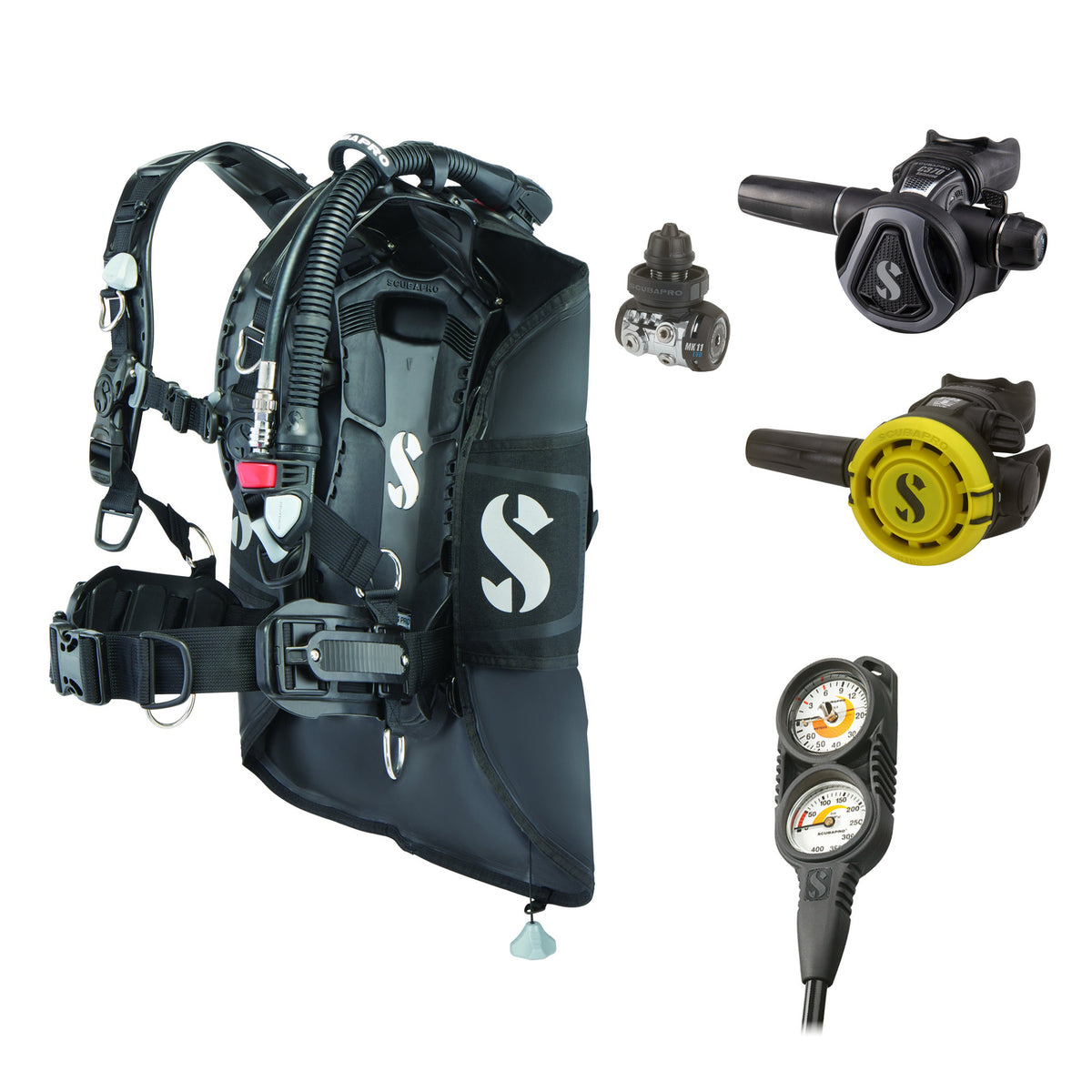 SCUBAPRO MK11 EVO / C370 Colour Graphite regulator set with R105 octopus and Hydros Pro 2 BCD, with Compact Combo 2