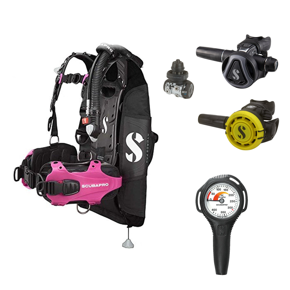SCUBAPRO MK11 EVO / C370 Colour Graphite regulator set with R105 octopus and Hydros Pro Ladies BCD in pink, with Compact SPG