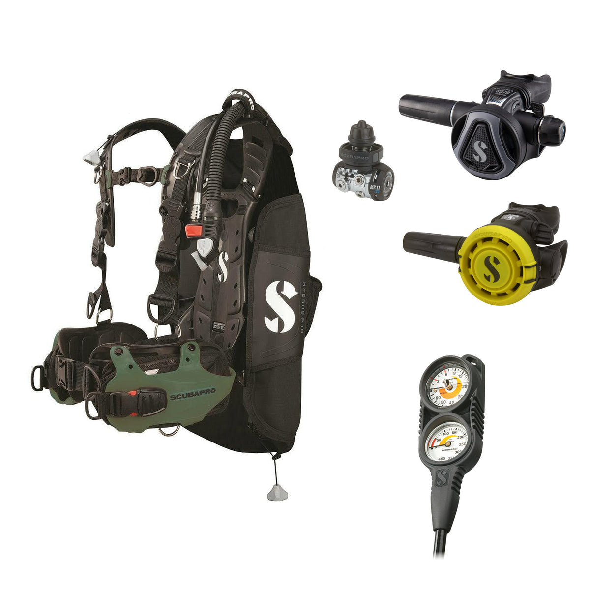 SCUBAPRO MK11 EVO / C370 Colour Graphite regulator set with R105 octopus and Hydros Pro Mens BCD in army green, with Compact Combo 2