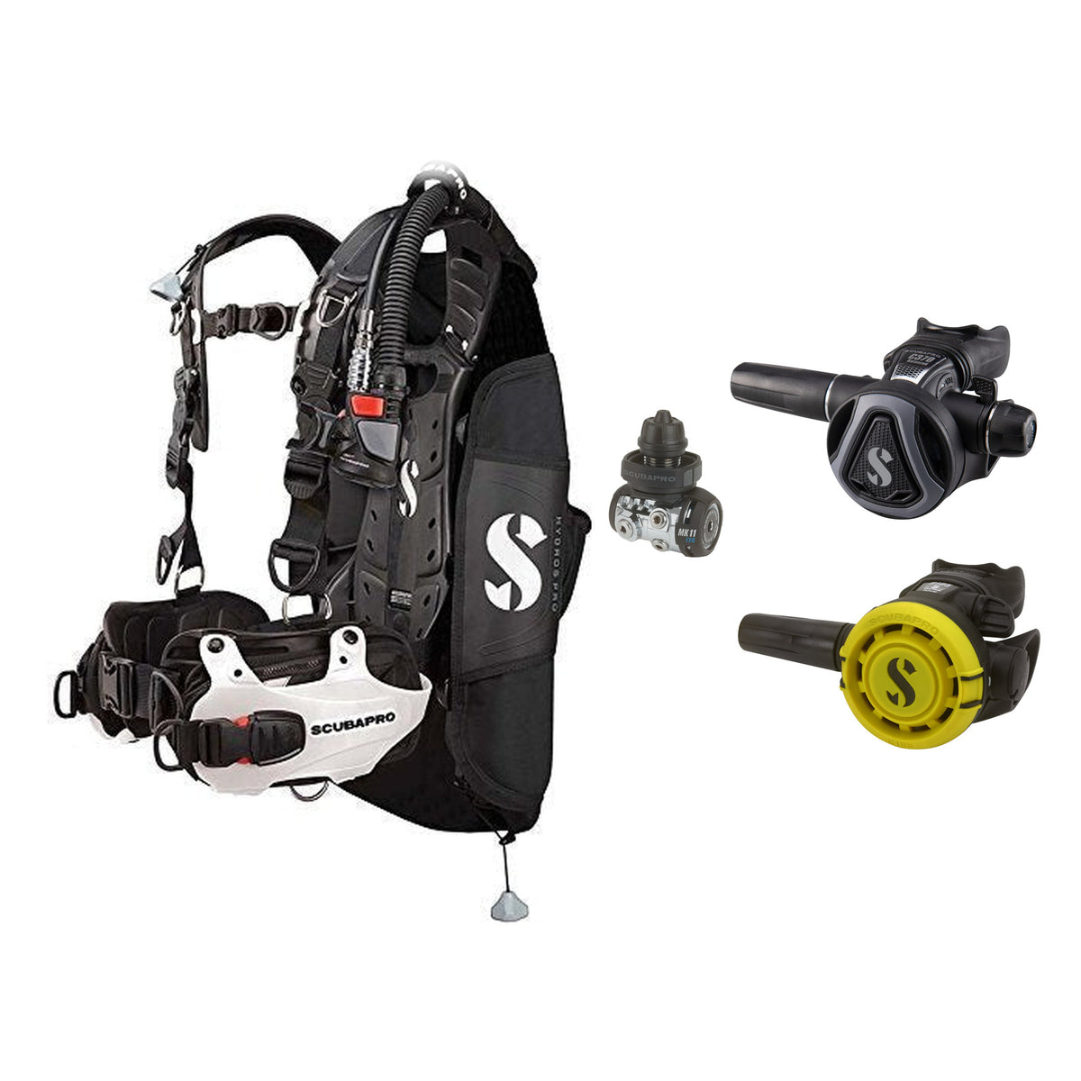 SCUBAPRO MK11 EVO / C370 Colour Graphite regulator set with R105 octopus and Hydros Pro Mens BCD in white