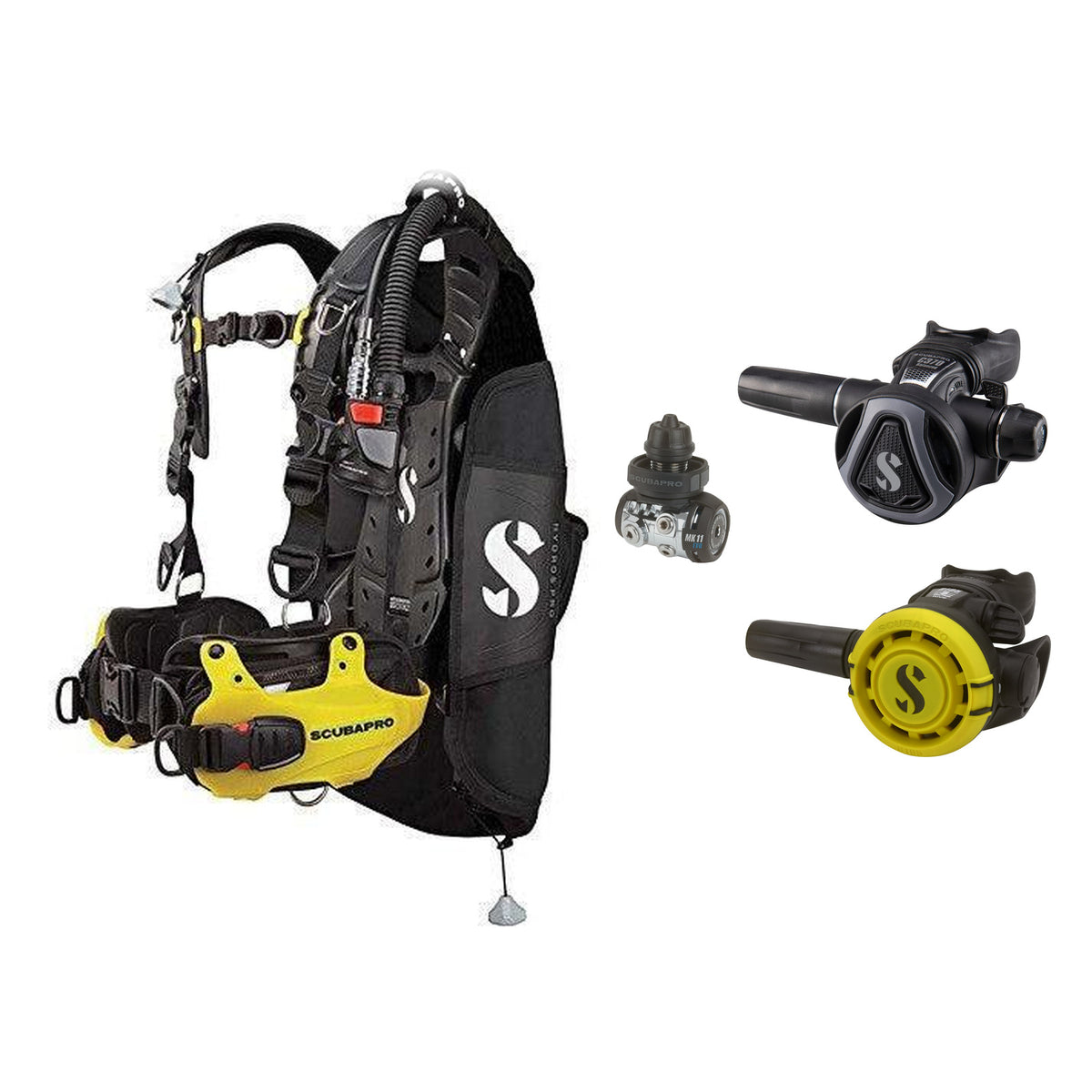 SCUBAPRO MK11 EVO / C370 Colour Graphite regulator set with R105 octopus and Hydros Pro Mens BCD in yellow