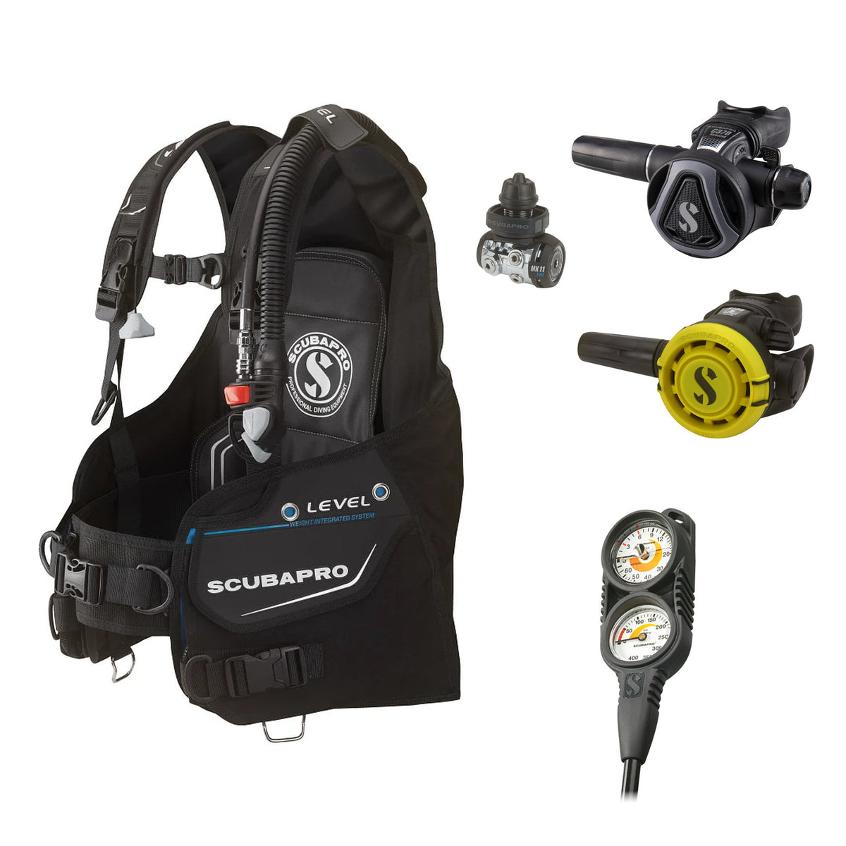 SCUBAPRO MK11 EVO / C370 Colour Graphite regulator set with R105 octopus and Level BCD, with Compact Combo 2