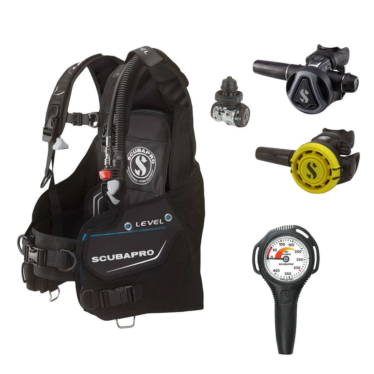 SCUBAPRO MK11 EVO / C370 Colour Graphite regulator set with R105 octopus and Level BCD, with Compact SPG