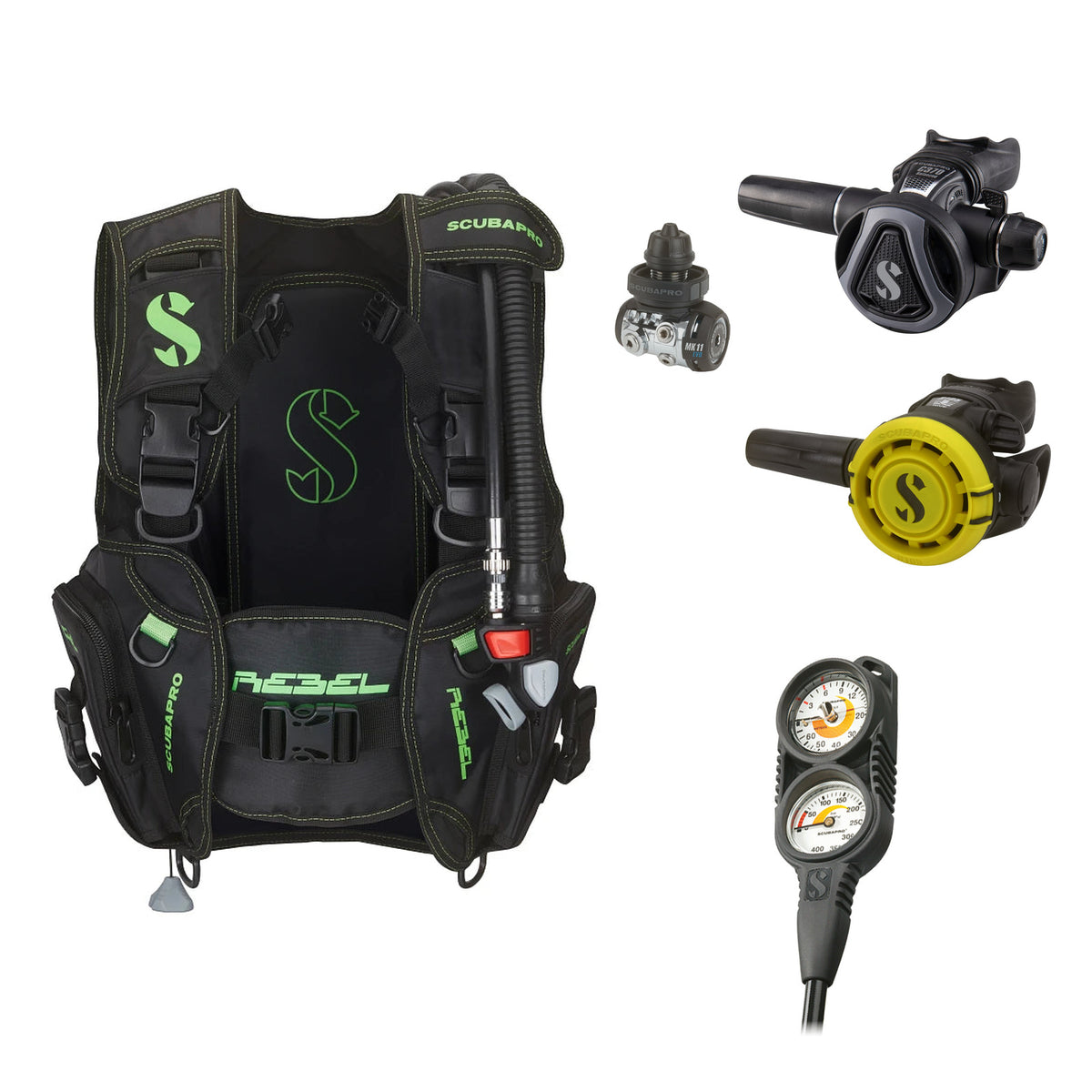 SCUBAPRO MK11 EVO / C370 Colour Graphite regulator set with R105 octopus and Rebel V2 BCD