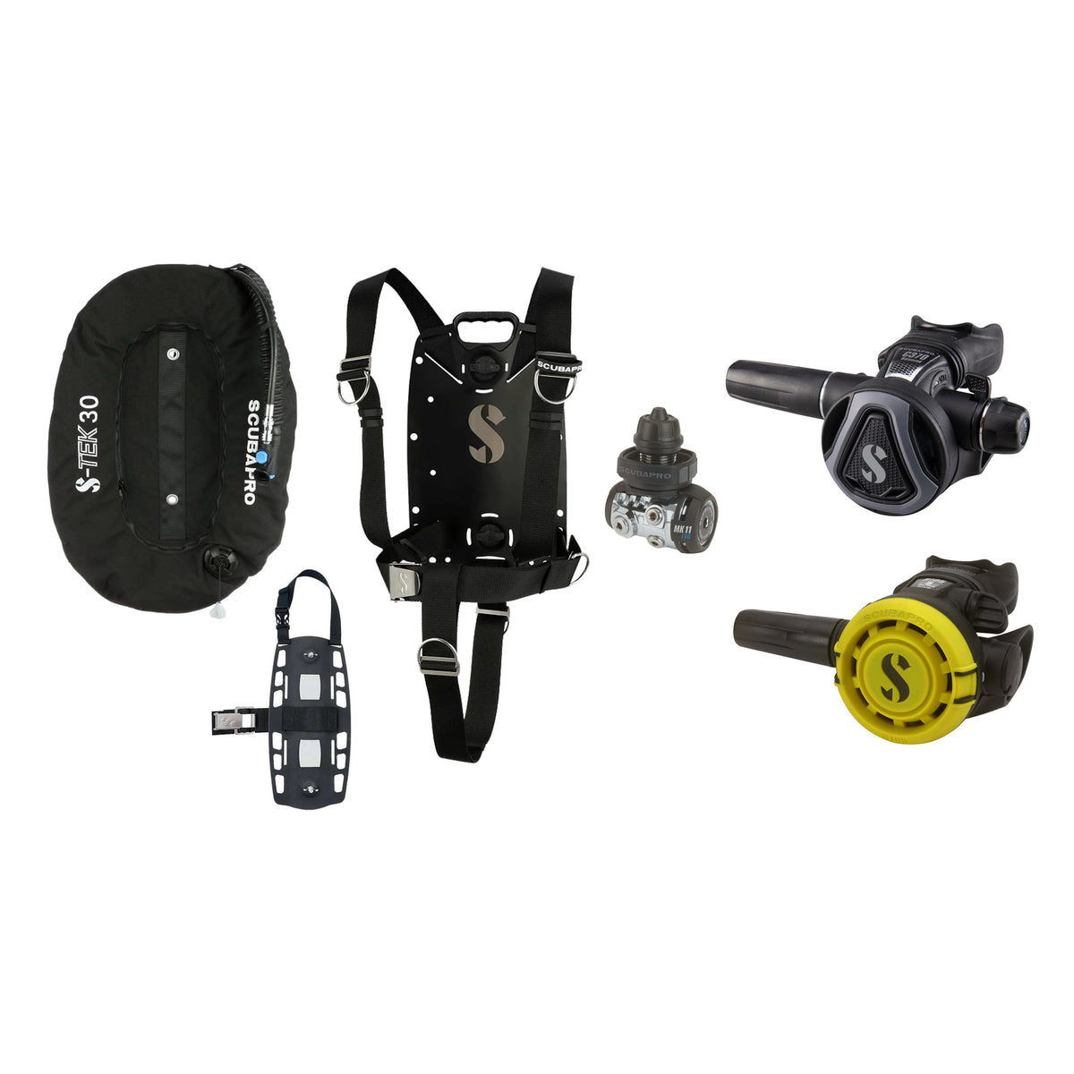 SCUBAPRO MK11 EVO / C370 Colour Graphite regulator set with R105 octopus and S-TEK Pure BCD (stainless steel)