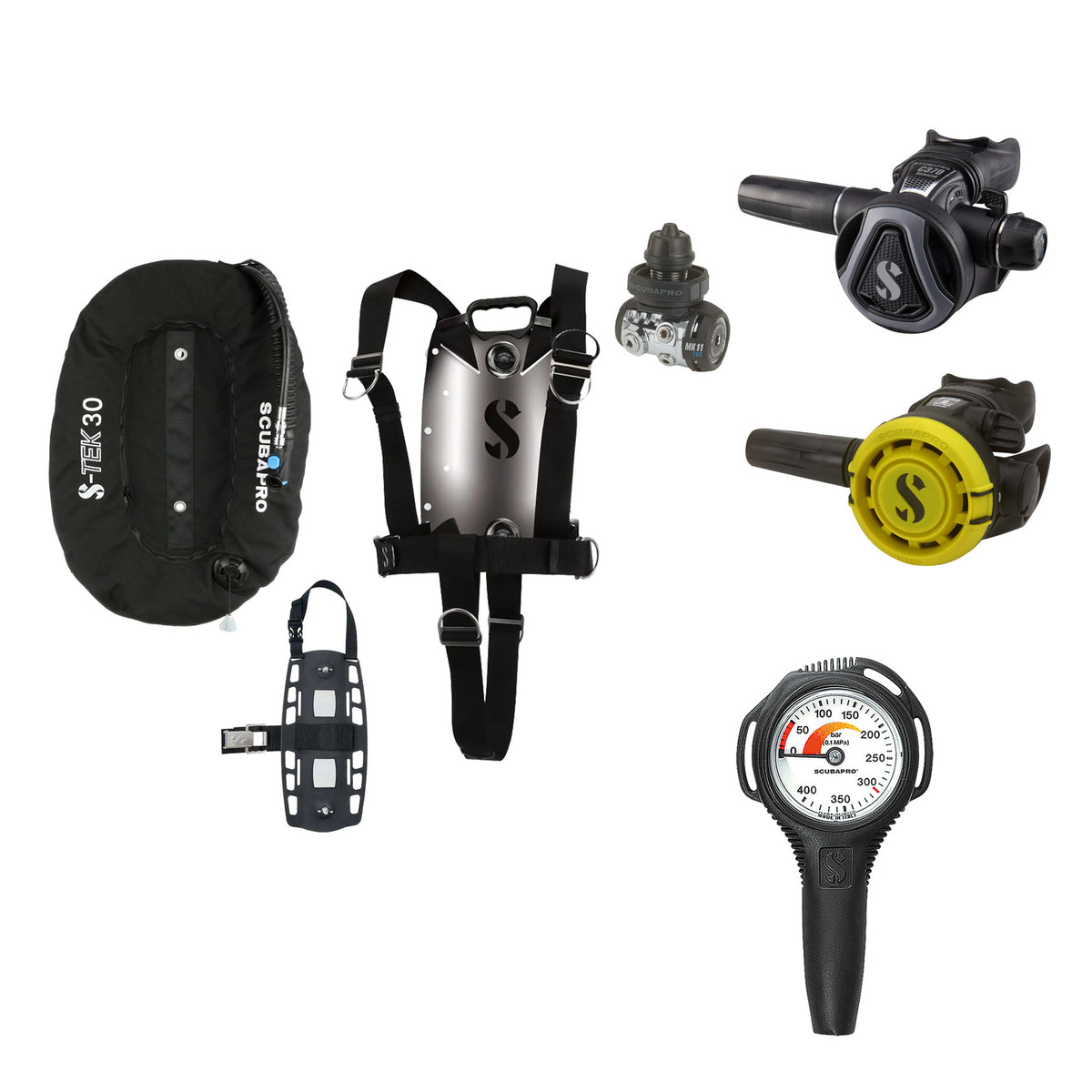 SCUBAPRO MK11 EVO / C370 Colour Graphite regulator set with R105 octopus and S-TEK Pure BCD (stainless steel)