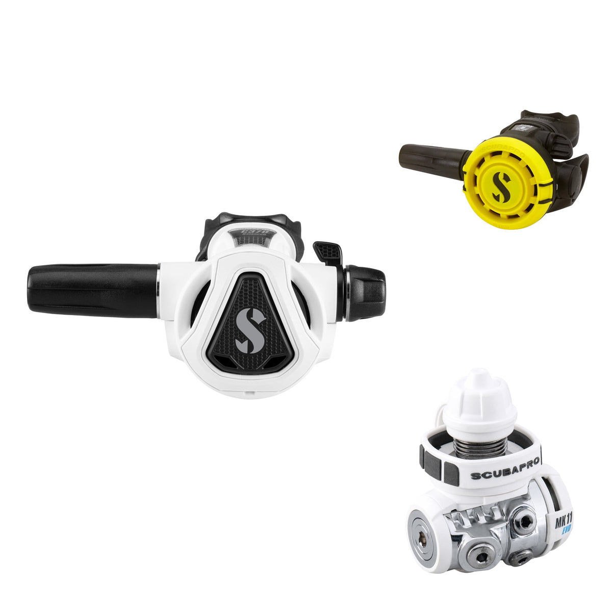 SCUBAPRO C370 second stage with graphite frame, MK11 EVO first stage and yellow R105 octopus
