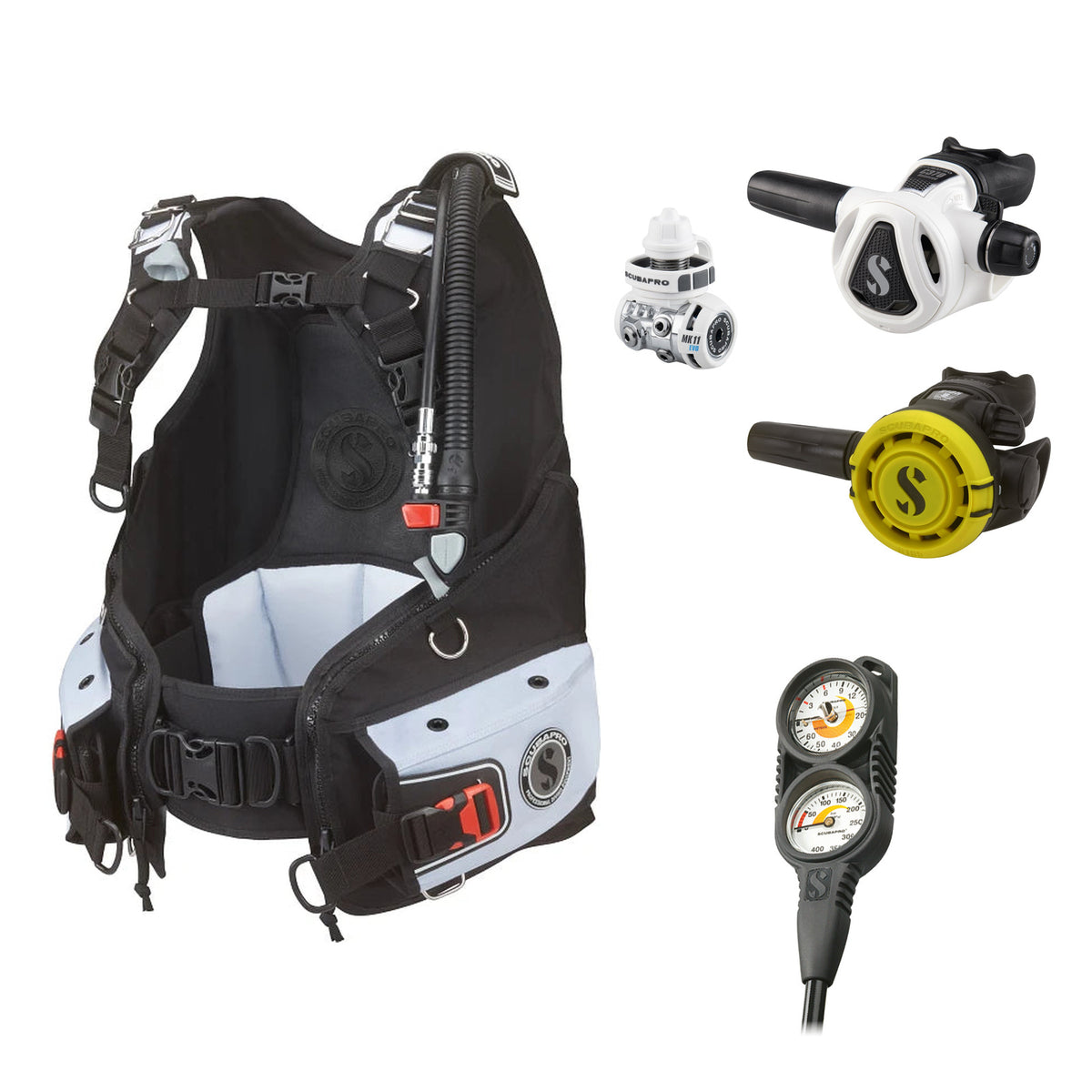 SCUBAPRO MK11 EVO / C370 Colour White regulator set with R105 octopus and Bella BCD