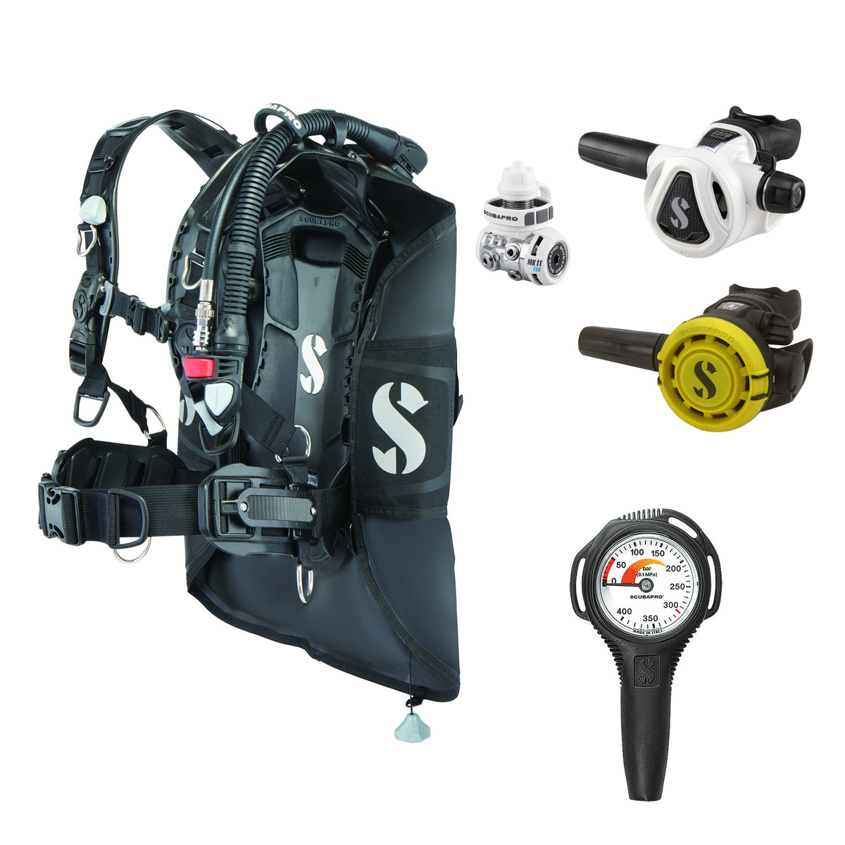 SCUBAPRO MK11 EVO / C370 Colour White regulator set with R105 octopus and Hydros Pro 2 BCD