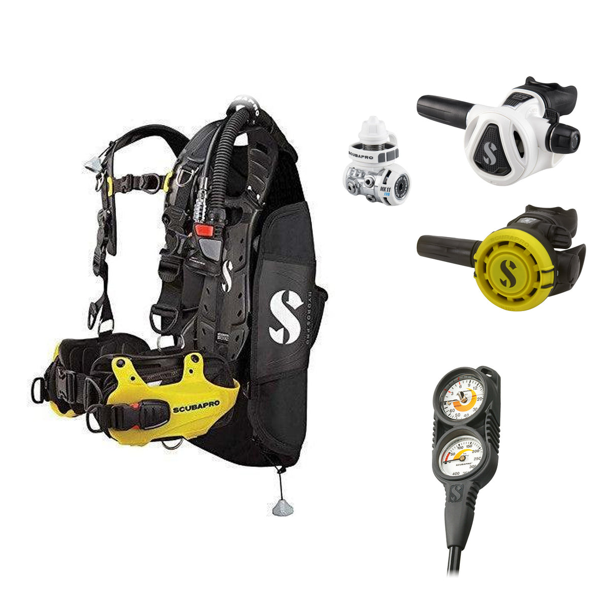 SCUBAPRO MK11 EVO / C370 Colour White regulator set with R105 octopus and Hydros Pro Mens BCD in yellow