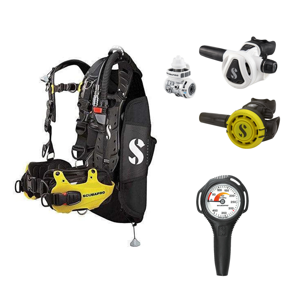 SCUBAPRO MK11 EVO / C370 Colour White regulator set with R105 octopus and Hydros Pro Mens BCD in yellow