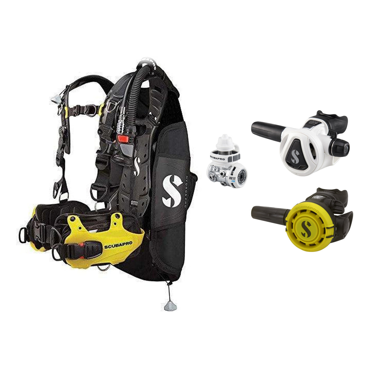 SCUBAPRO MK11 EVO / C370 Colour White regulator set with R105 octopus and Hydros Pro Mens BCD in yellow