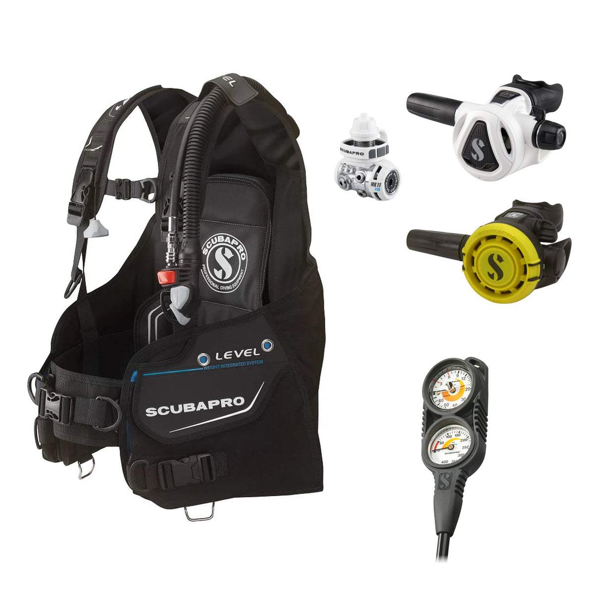SCUBAPRO MK11 EVO / C370 Colour White regulator set with R105 octopus and Level BCD