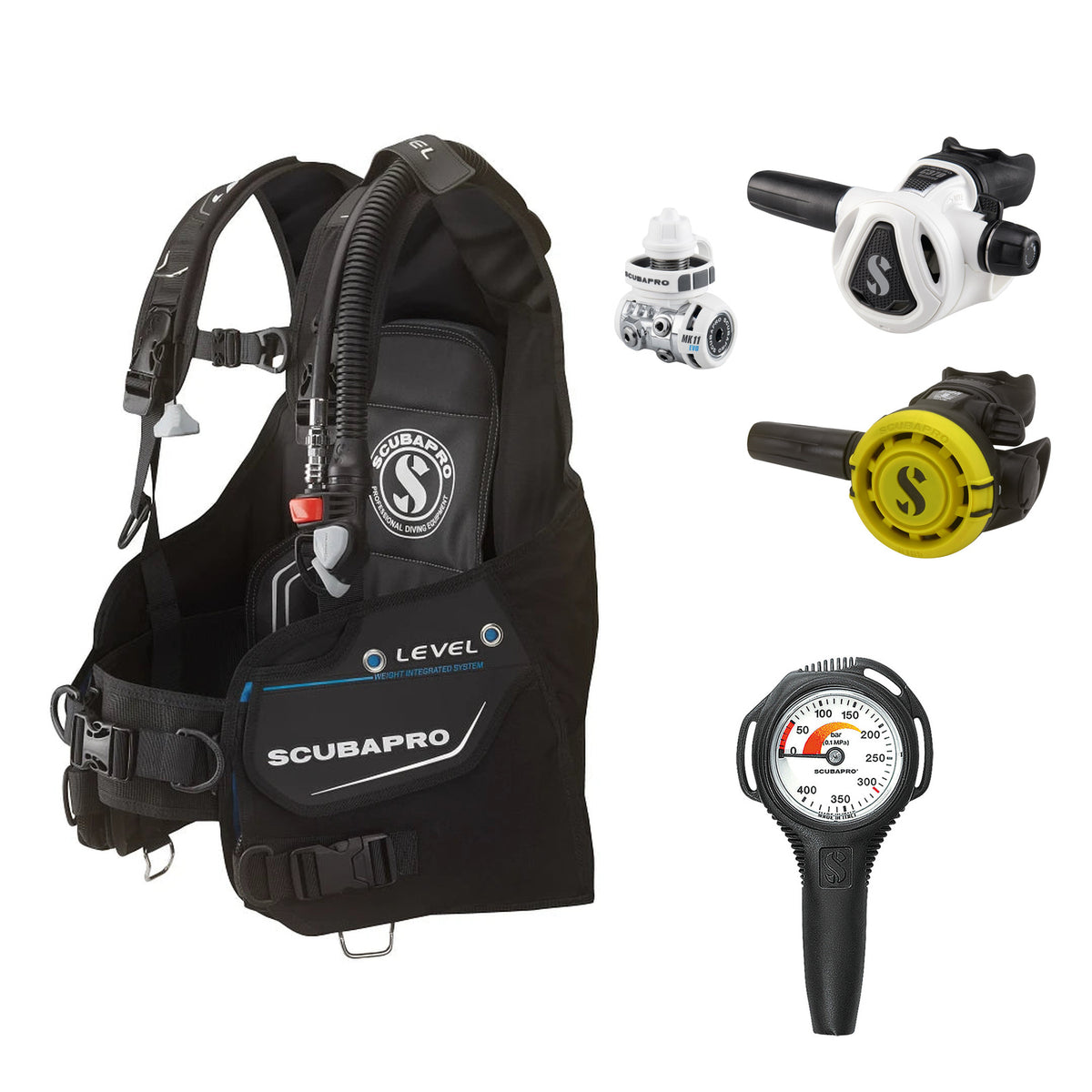 SCUBAPRO MK11 EVO / C370 Colour White regulator set with R105 octopus and Level BCD